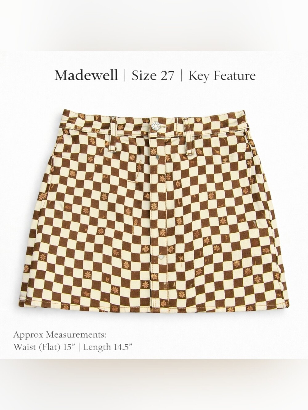 Madewell Size 27/S Brown Checkerboard Mini Skirt NWT 100% Cotton Button Front